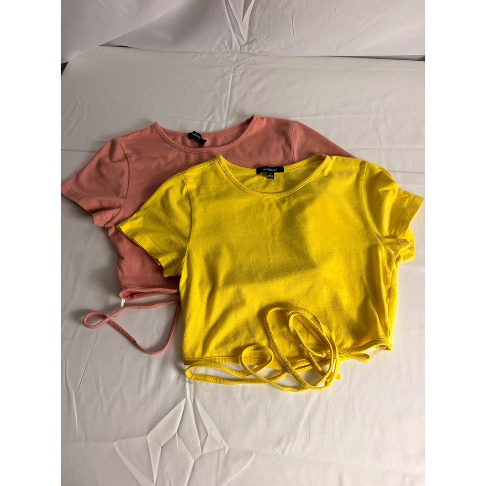 Ambiance Crop Top Lot 2 Medium Pink Yellow Wrap Around Tie Waist Short Sleeve